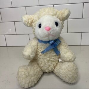 Vintage Cream Plush Stuffed Animal Lamb with Blue Bow